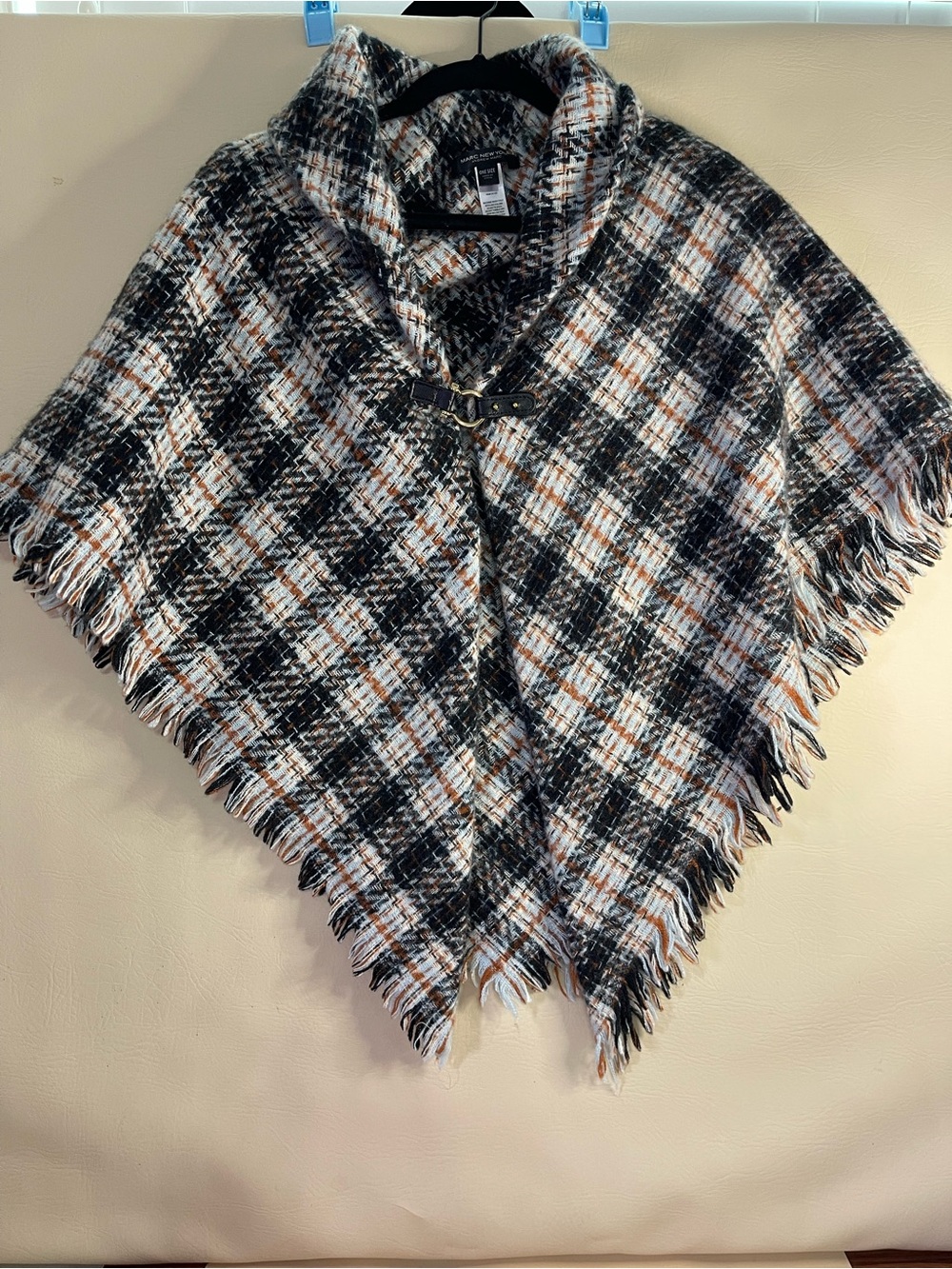 Marc New York Andrew Cozy Plaid Fringed Cape Poncho in black Rust Orange lt blue